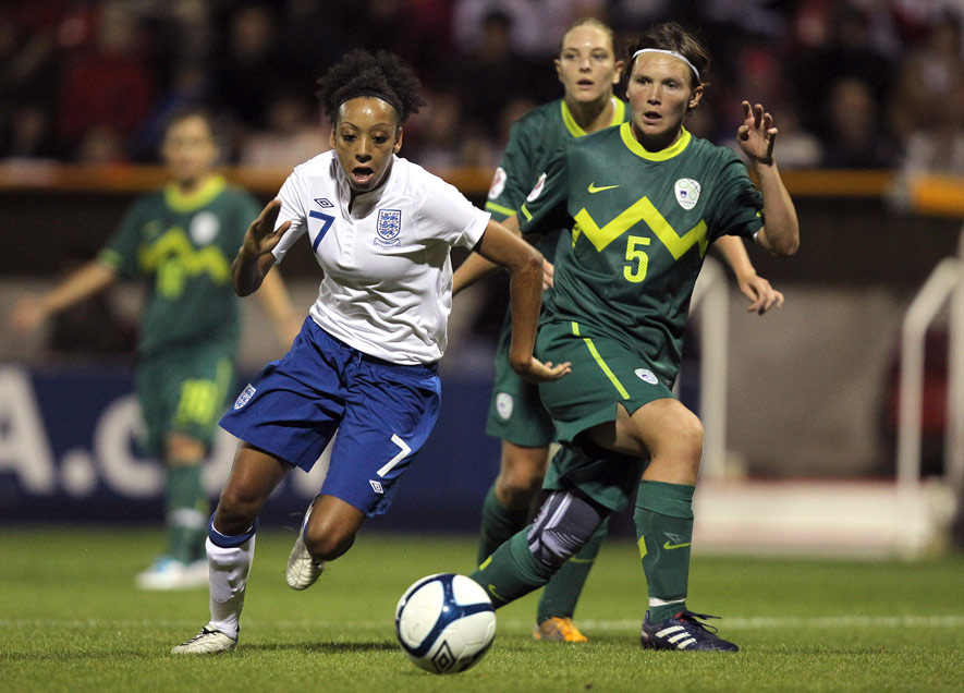 England winger Jess Clarke in action against Slovenia.